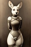 2024 anthro biped black_nose chastity_belt chastity_device female fur simple_background solo standing white_body white_fur anonymous_director cervid mammal