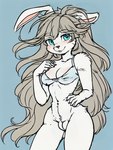 anthro big_hair black_nose blue_eyes bottomless bra breasts brown_body brown_fur brown_hair clothed clothing female fur genitals hair hand_on_hip hand_on_shoulder lagomorph leporid looking_at_viewer mammal navel nudity open_mouth pussy rabbit small_waist smile solo standing underwear