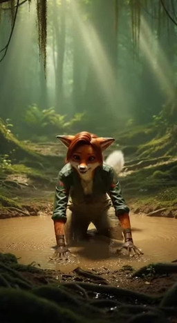 anthro bubble clothing detailed_background distressed female jewelry jungle messy mud necklace partially_submerged realistic realistic_fur realistic_lighting solo sora_2 sound_warning water_ripple wet gridanon canid canine fox mammal animated hi_res music short_playtime sound webm