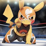 blush bulge clothing cosplay_pikachu_(costume) fighting_ring gesture looking_at_viewer male mask pointing pointing_at_viewer smile smiling_at_viewer solo yellow_body anonymous_director nintendo pokemon pikachu_libre generation_1_pokemon pikachu pokemon_(species) hi_res