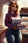 anthro apron attempted_signature big_breasts blonde_hair bottomwear breasts clothing denim denim_clothing detailed_background dragon female food hair hi_res horn jeans looking_at_viewer official_floof_inspector pants scales scalie seductive smile solo sweater topwear