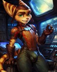 anthro big_bulge bulge clothed clothing detailed_bulge gloves green_eyes handwear hat headgear headwear hi_res lombax male mammal ratchet ratchet_and_clank solo space styx343 tight_clothing