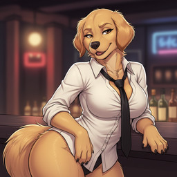 anthro bar clothing female galaanaired necktie pantsless shirt topwear white_clothing white_shirt white_topwear bird_dog canid canine canis domestic_dog golden_retriever hunting_dog mammal retriever