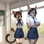 anthro blush clothing duo erection_under_skirt female gynomorph intersex necktie phone school_uniform uniform window anonymous_director felid feline lynx mammal hi_res