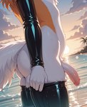anthro armwear balls bodily_fluids clothing cloud dripping femboy fur genital_fluids genitals girly latex legwear light male penis precum precum_drip presenting reflection reflective_body reflective_clothing reflective_sunlight reflective_sunset reflective_surface sea side_view sky solo sun sunlight sunset tail thigh_highs water wave markrhey hi_res