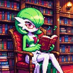book bookshelf breasts chair clothing detailed_background eyewear female furniture glasses not_furry on_chair sitting sitting_on_chair solo video_games anonymous_director nintendo pokemon gardevoir generation_3_pokemon humanoid pokemon_(species) digital_media_(artwork) pixel_(artwork)