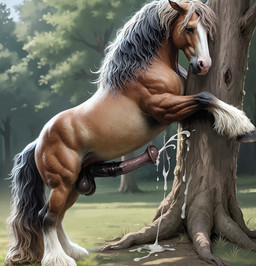 animal_genitalia animal_penis balls bing_image_creator bodily_fluids cum cum_drip cumshot detailed_background dripping ejaculation equine_genitalia equine_penis feral flared_penis genital_fluids genitals grass leaning leaning_forward leaning_on_tree male penis plant realistic solo stable_diffusion standing tree eclipsetheorca equid equine horse mammal hi_res