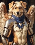 anthro arch armor bandanna bangs blonde_hair blue_clothing blue_eyes bracers brown_eyes clothing crotch_tuft dark_background feathered_wings feathers fur hair heterochromia kerchief light long_hair looking_at_viewer male metal nipples pauldron pink_nipples realistic shirtless skinny solo sunlight tan_body tan_fur tassets tuft wings 7oxytron bird_dog canid canine canis domestic_dog hunting_dog hybrid labrador mammal retriever hi_res