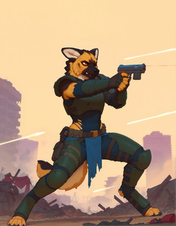 4_toes 5_fingers aiming annoyed anthro armor battle belt brown_body brown_fur city city_background claws clenched_teeth clothing digitigrade ears_down feet female fingerless_gloves fingers foggy fur gloves grey_claws gun handgun handwear heavy_armor holding_object holding_weapon holster laser looking_away one_eye_closed orange_body orange_fur outside pistol pivoted_ears pockets post-apocalyptic ranged_weapon shooting_gun solo standing tan_sky teeth toes torn_clothing war weapon adragocult canid canine canis domestic_dog german_shepherd herding_dog mammal pastoral_dog absurd_res hi_res
