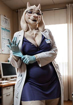 anthro belly black_lips breasts chest_tuft cleavage clothed clothing coat doctors_office dress_shirt eyelashes eyeshadow eyewear female front_view fur glasses gloves handwear happy horn inside lab_coat latex_gloves lips looking_at_viewer makeup mature_female medium_breasts nipple_outline shirt slightly_chubby smile solo standing topwear tuft white_body white_fur chamir136_(director) undertale_(series) toriel bovid caprine goat humanoid mammal hi_res