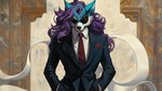 2_tails anthro black_eyewear black_suit black_sunglasses blue_body blue_fur eyewear fur hair male multi_tail necktie pocket_square pokemorph purple_hair red_eyes red_necktie solo solo_focus sunglasses bahufaru nintendo pokemon faruza_woundclan_(bahufaru) generation_2_pokemon legendary_pokemon pokemon_(species) suicune