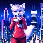 anthro arctic_fox canid canine cheek_tuft chest_tuft city clothing cyberpunk facial_tuft female fox fur hair holding_object inner_ear_fluff mammal oberic pink_eyes red_clothing smile solo tuft