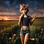 anthro argon-42 blonde_hair bottomwear clothed clothing cloud crop_top domestic_cat dusk felid feline felis field flower fully_clothed fur grass green_eyes hair hi_res hotpants looking_away male mammal midriff navel pink_nose plant shirt shorts sky solo star striped_body striped_fur stripes sun sunset tabby_cat tan_body tan_fur topwear tuft twilight white_body white_fur