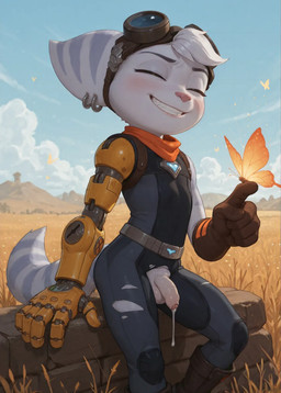 anthro balls belt blush bodily_fluids bottomwear clothing crossgender cum cumdrip eyes_closed eyewear foreskin fur genital_fluids genitals goggles grey_body grey_fur grin humanoid_genitalia humanoid_penis img2img inpainted male outside pants penis self_upload smile solo stripes t2img teeth topwear torn_clothing director_fursnack ratchet_and_clank rivet_(ratchet_and_clank) arthropod butterfly insect lepidopteran lombax mammal comfyui_(software) hi_res