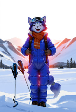 anthro blue_body blue_fur blue_hair clothing detailed_background female fur hair mountains open_mouth open_smile scarf ski_suit smile snow snowsuit solo winter winter_clothing anonymous_director nintendo star_fox krystal_(star_fox) canid canine fox mammal absurd_res hi_res