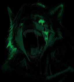 ambiguous_gender black_background black_nose bodily_fluids crying fangs fur glitch glitch_art glowing glowing_eyes green_eyes hair looking_at_viewer male nightmare_fuel open_mouth saliva simple_background solo tears teeth tongue yelling unknown_director canid canine canis mammal wolf hi_res portrait restricted_palette