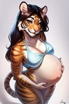 anthro big_ears bra breasts brown_eyes brown_hair clothed clothing female hair long_hair looking_at_viewer medium_breasts partially_clothed pregnant pregnant_female short smile solo stripes underwear yiff_ai felid mammal pantherine tiger