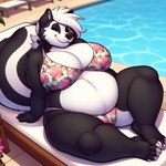 anthro bedroom_eyes belly big_belly big_breasts bikini bikini_bottom bikini_top black_body black_fur black_nose blackgum breasts brown_eyes chair clothing female floral fur furniture hair mammal mephitid narrowed_eyes pool seductive sitting skunk smile solo swimwear thick_thighs white_body white_fur white_hair