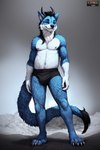 anthro bulge canid canine canis clothing dragon fluffy fluffy_tail fur hi_res horn hybrid jockstrap kavka male mammal navel neck_tuft nipples portrait scales solo standing tuft underwear wolf