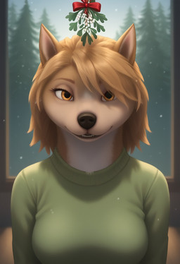 anthro bangs christmas christmas_theme clothing female fur green_clothing mistletoe orange_eyes plant snow snowing solo tan_body tan_fur alpha_and_omega kate_(alpha_and_omega) canid canine canis mammal wolf hi_res