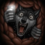 anthro bodily_fluids crying holding_object holding_phone light male panicking phone screaming solo tears thedavid canid canine canis mammal wolf hi_res
