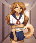 anthro bottomwear breasts clothed clothing eyewear female fur glasses hair inside japanese_school_uniform midriff purple_eyes school_uniform serafuku skirt solo student twokinds uniform anontk erilas_(twokinds) bird_dog canid canine canis domestic_dog golden_retriever hunting_dog mammal retriever hi_res