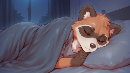 5_fingers anthro bed bed_sheet bedding black_nose blanket clothed clothing curtains eyes_closed facial_markings facial_tuft fingers fur furniture head_markings inner_ear_fluff inside lying male markings multicolored_body multicolored_fur night on_bed on_side orange_body orange_fur pillow shirt sleeping solo topwear tuft under_covers white_body white_fur window towersmash mammal procyonid raccoon