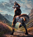 anthro anus balls big_ears black_body black_claws black_fur black_lips black_tail_tip blue_sky brown_body brown_eyes brown_fur butt canine_teeth cheek_tuft claws cloud collar collar_only day detailed_background detailed_fur digitigrade ears_up facial_tuft flower fluffy_fur fur genitals glistening glistening_eyes hill inner_ear_fluff landscape light lips long_tail looking_back low-angle_view male mountains multicolored_body multicolored_fur neck_tuft nude open_mouth open_smile outside path paws perineum pink_anus pink_nose pink_tongue plant raised_tail rear_view rock shrub sky smile solo solo_focus standing sunlight tail_aside tongue tongue_out tuft whisker_spots whiskers white_balls white_body white_butt white_fur white_perineum wide_stance y_anus blp canid canine canis domestic_dog mammal detailed hi_res lighting