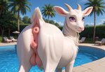 anus beach_umbrella black_nose blue_eyes bodily_fluids butt caprine_genitalia caprine_pussy clitoral_winking clitoris female feral fur genital_fluids genitals looking_at_viewer looking_back looking_back_at_viewer palm_tree plant pool_chair poolside presenting presenting_hindquarters presenting_pussy puffy_anus pussy pussy_juice realistic_feral rear_view smile solo standing teats tree white_body white_fur mare_fan_ultimate bovid caprine goat mammal