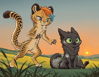 3_toes ambiguous_gender anthro beak black_body black_fur blue_eyes blue_hair chibi claws cute_fangs digitigrade duo feathers featureless_chest featureless_crotch feet fluffy fur grass green_sclera hair long_tail looking_at_another looking_forward neck_tuft neutral_expression orange_hair pawpads plant side_cut sitting sitting_on_ground slim smug_face spots spotted_body spotted_fur sunset tail_feathers toes tuft yellow_body yellow_fur oldhroft shadow_(oldhroft) vex_(oldhroft) avian cheetah felid feline mammal velari hi_res
