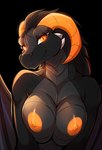 anthro areola big_breasts black_body breasts female glowing glowing_eyes hair horn looking_at_viewer mythology nipples non-mammal_breasts nude orange_eyes scales simple_background smile solo anontk twokinds madam_reni_(twokinds) dragon mythological_creature mythological_scalie scalie hi_res portrait