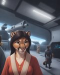 anthro black_hair brown_body brown_eyes brown_fur brown_hair clothed clothing detailed_background female fully_clothed fur group hair inside jewelry long_hair male necklace pink_nose robe science_fiction solo_focus space_station spacecraft standing tail tan_body tan_fur vehicle aphid butterwolf cougar felid feline mammal pantherine absurd_res hi_res