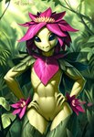 anthro athletic athletic_female female flat_chested flower genitals green_body hands_on_hips leaf navel nude plant pussy smile solo text sergalbutt starbound alien elemental_creature elemental_humanoid flora_fauna floran humanoid plant_humanoid detailed hi_res signature url