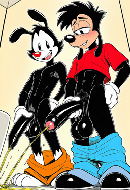 aged_up anthro balls bathroom big_balls big_penis black_body black_fur blush bodily_fluids bottomwear bottomwear_down clothed clothing duo foreskin foreskin_overhang fur genital_fluids genitals glans gloves half-erect handwear holding_penis humanoid_genitalia humanoid_penis inside long_foreskin loose_foreskin male male/male muscular nipples pants pants_around_ankles pants_down partially_clothed partially_retracted_foreskin peeing penis pubes saggy_balls shirt smile tongue topless topless_anthro topless_male topwear unretracted_foreskin urine urine_on_ground urine_stream watersports boxen549 disney goof_troop warner_brothers max_goof yakko_warner canid canine canis domestic_dog inkblot mammal hi_res