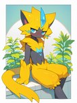 anthro arm_support blue_eyes blush border looking_at_viewer navel outside_border plant simple_background sitting smile solo mengxi generation_7_pokemon legendary_pokemon pokemon_(species) zeraora absurd_res hi_res