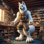 anthro armor canid canine canis clothing domestic_dog fluffy fur german_shepherd gun hardfurry herding_dog male mammal military_uniform pastoral_dog ranged_weapon rifle solo standing topwear uniform vest weapon white_body white_fur workshop