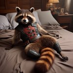 anthro bed bedroom furniture male mammal night on_bed pose procyonid raccoon rocket_raccoon solo