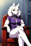 anthro armchair boss_monster bovid caprine chair clothing crossed_legs female fur furniture goat hi_res horn long_ears looking_at_viewer mammal purple_clothing sitting solo tamrad toriel undertale_(series) white_body white_fur