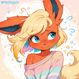 ambiguous_gender anthro blond_hair blue_body blue_eyes blue_fur blue_hair blush bodily_fluids cheek_tuft chest_tuft clothed clothing ear_tuft facial_tuft front_view fur green_hair hair long_ears looking_away multicolored_hair nervous off_shoulder orange_body orange_fur pink_hair short_hair shoulder_tuft shy simple_background solo sweat sweatdrop sweater tail topwear tuft upper_body wavy_mouth kaltingale_(director) nintendo pokemon eeveelution flareon generation_1_pokemon pokemon_(species) hi_res portrait signature