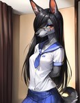 anthro canid canine clothing eyewear female glasses grey_body hair hi_res long_hair looking_at_viewer mammal school_uniform seductive solo traialas uniform