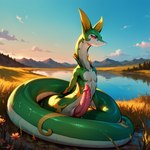 anthro bodily_fluids coiled_up coiling dripping genital_fluids genitals grass grassland leaking_precum male mountains penis plant pond precum precum_drip snake_penis snake_snout solo unusual_anatomy unusual_genitalia unusual_penis matt3985_(director) phazon generation_5_pokemon pokemon_(species) reptile scalie serperior snake hi_res