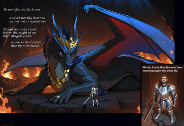 crown dialogue duo female feral fire humor jewelry knight lying macro male male/female melee_weapon mythology necklace on_front red_eyes size_difference sword warrior weapon mercrantos dragon human mammal mythological_creature mythological_scalie scalie winged_dragon hi_res