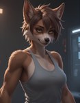 anthro black_nose brown_body brown_fur brown_hair clothed clothing female fur hair inner_ear_fluff light looking_at_viewer multicolored_body multicolored_fur muscular muscular_female orange_eyes prick_ears short_hair smile smiling_at_viewer solo solo_focus topless topless_female tuft two_tone_body two_tone_fur white_body white_fur wolfine canid canine canis mammal wolf absurd_res hi_res portrait