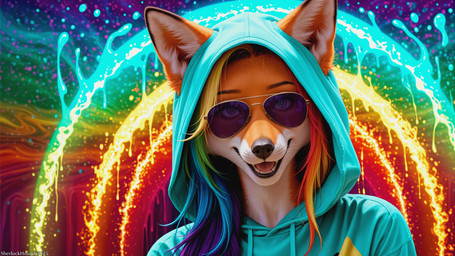 anthro aviator_glasses black_nose bright_colors clothing eyebrows eyelashes eyewear eyewear_on_head female fur hair hood_up hoodie inner_ear_fluff looking_at_viewer markings multicolored_body multicolored_eyes multicolored_hair orange_body orange_fur psychedelic rainbow rainbow_background rainbow_hair simple_background smile solo sunglasses sunglasses_on_head text tongue topwear tuft sherlock_hound_(director) canid canine fox mammal director_name hi_res