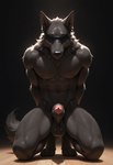 animal_genitalia anthro balls bdsm blindfold claws fur genitals grey_body grey_fur hands_behind_back kneeling male nipples nude penis penis_tip saggy_balls sheath simple_background solo solo_focus submissive submissive_male gray_wlf canid canine canis mammal wolf hi_res