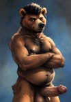 absurd_res afro_hair anthro balls big_penis black_nipples brown_body brown_fur chubby_male ear_piercing ear_ring fur genitals hairy hi_res looking_at_viewer male mammal nipples penis piercing ring_piercing solo ursid ursine