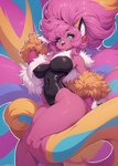 anthro clothing female fluffy fur genny hair heterochromia latex long_hair mammal one-piece_swimsuit open_mouth purple_body purple_fur ribbon rodent scarf sciurid solo streamers swimwear tongue tongue_out