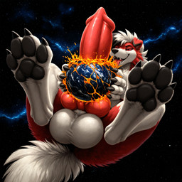 animal_genitalia animal_penis anthro balls big_balls big_penis black_pawpads canine_genitalia canine_penis feet foot_focus genitals knot macro male pawpads penis planet_penetrated solo space thedavid nintendo pokemon generation_7_pokemon lycanroc midnight_lycanroc pokemon_(species) hi_res
