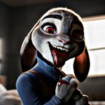 anthro blood bodily_fluids female fur hi_res hornybunny indigo indigo_furry_mix_v95_realistic judy_hopps lagomorph leporid mammal open_mouth rabbit red_eyes solo teeth zootopia