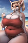 anthro beach bedroom_eyes big_breasts blond_hair blue_eyes breasts clothing deep_navel female fish looking_at_viewer marine multicolored_body narrowed_eyes navel navel_outline one-piece_swimsuit outdoors overweight pseudochmod red_clothing seaside seductive shark sitting slightly_chubby smile solo swimwear tan_body thick_thighs white_body